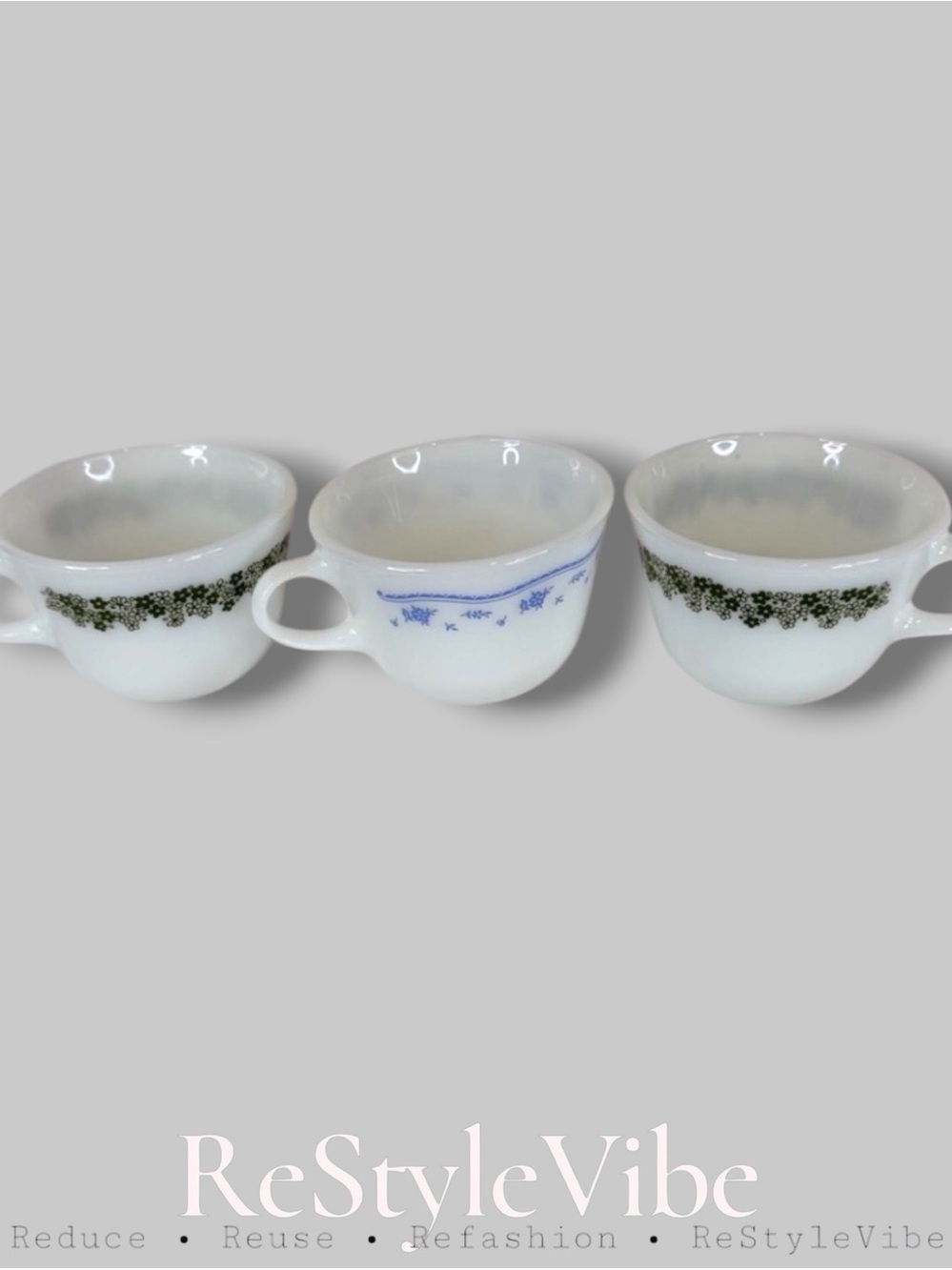PYREX VINTAGE Lot Of 3 Mugs Cups Milk Glass 2 Green Daisy Pattern 1 Blue Floral
